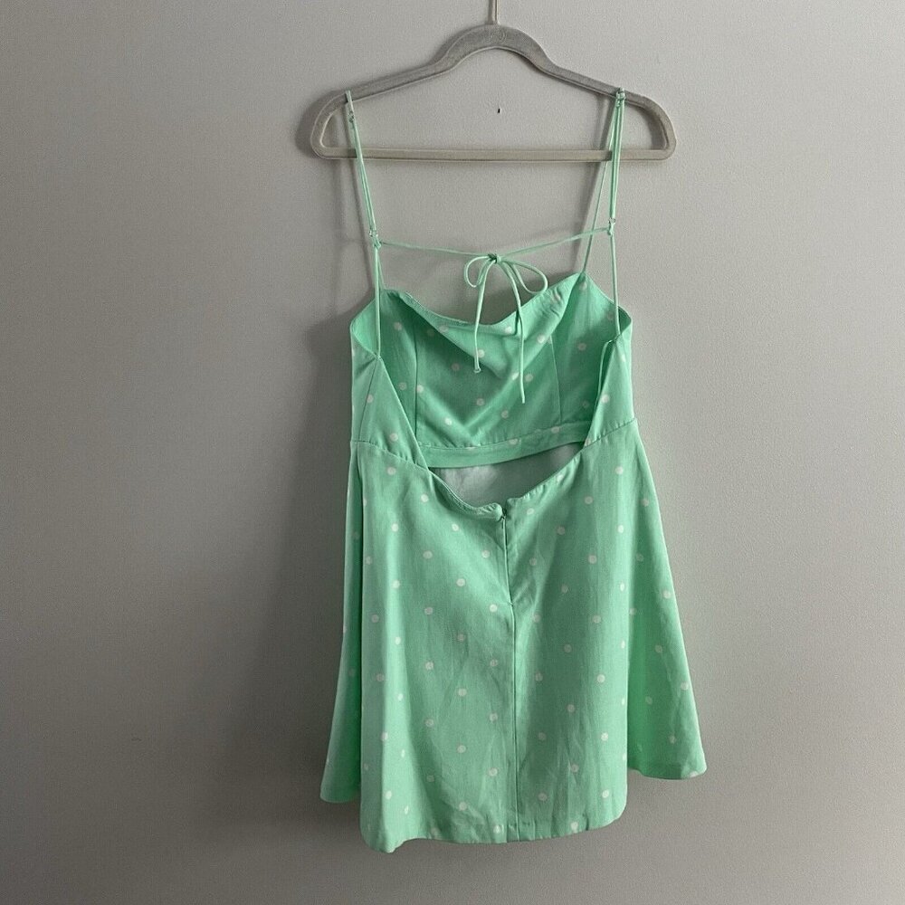Zara XL Green Polka Dot Linen Blend Square Neck Strappy Tie Back Mini Dress NWT - Picture 6 of 11